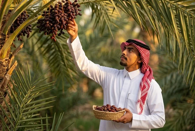 Saudi Man Harvesting Fresh Dates on a Palm Tree Farm