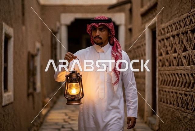 رجل سعودي يحمل فانوساً في قرية تراثية طينية