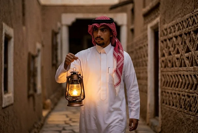 رجل سعودي يحمل فانوساً في قرية تراثية طينية