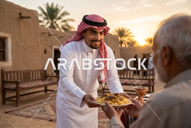 شاب سعودي يقدم طعام الكبسة التقليدي في قرية تراثية