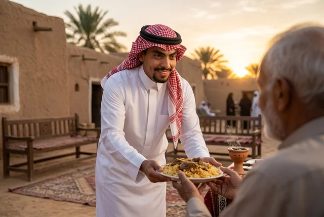 شاب سعودي يقدم طعام الكبسة التقليدي في قرية تراثية