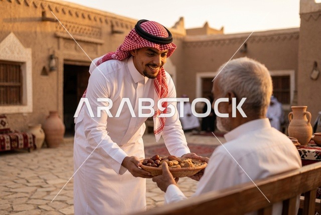 شاب سعودي يقدم التمر لرجل مسن في قرية تراثية