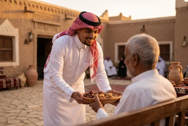 شاب سعودي يقدم التمر لرجل مسن في قرية تراثية