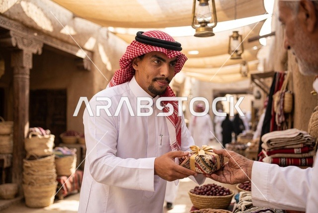 رجل سعودي يرتدي الثوب التقليدي يتلقى هدية في سوق تراثي