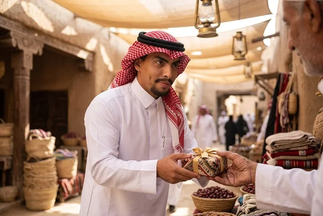 رجل سعودي يرتدي الثوب التقليدي يتلقى هدية في سوق تراثي