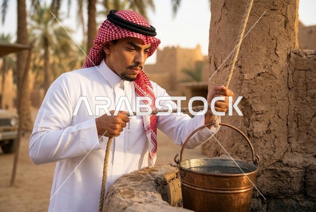 رجل سعودي يسحب الماء من بئر قديم في قرية تراثية