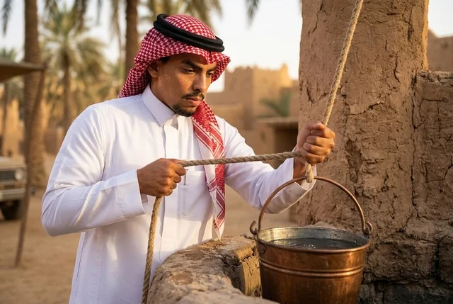 رجل سعودي يسحب الماء من بئر قديم في قرية تراثية