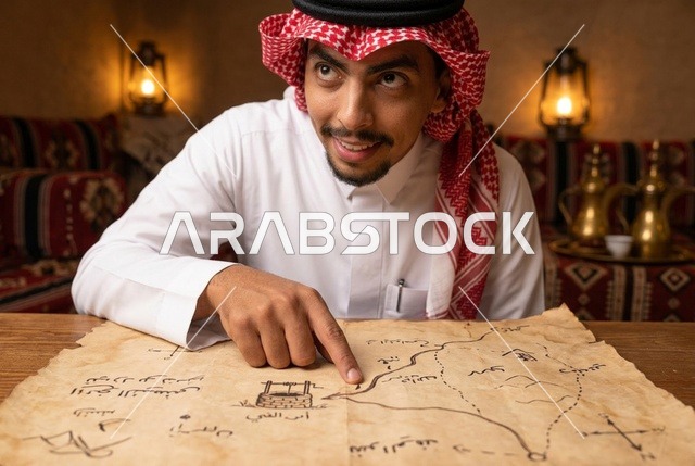 رجل سعودي يشير بيده إلى خريطة قديمة في مجلس تراثي دافئ