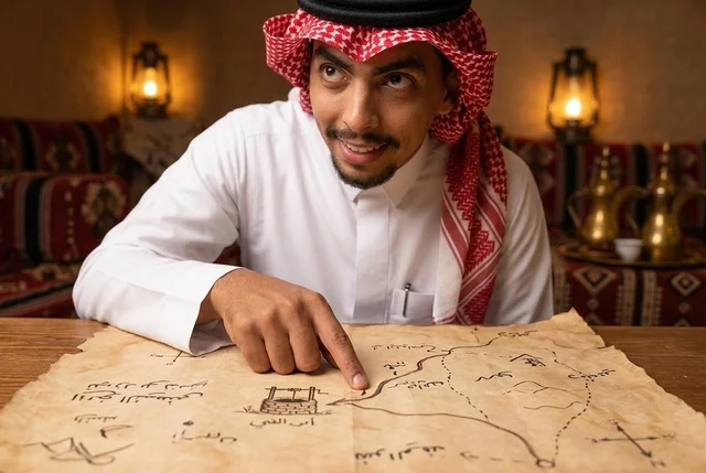 رجل سعودي يشير بيده إلى خريطة قديمة في مجلس تراثي دافئ