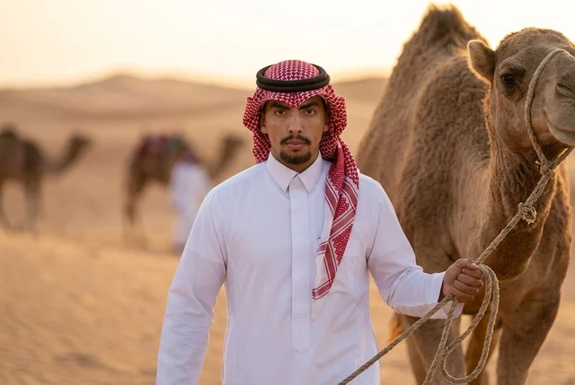 رجل سعودي يرتدي الزي التقليدي يقود جملا في الصحراء