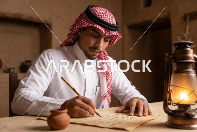 كاتب سعودي يكتب الخط العربي بجانب فانوس كيروسين قديم