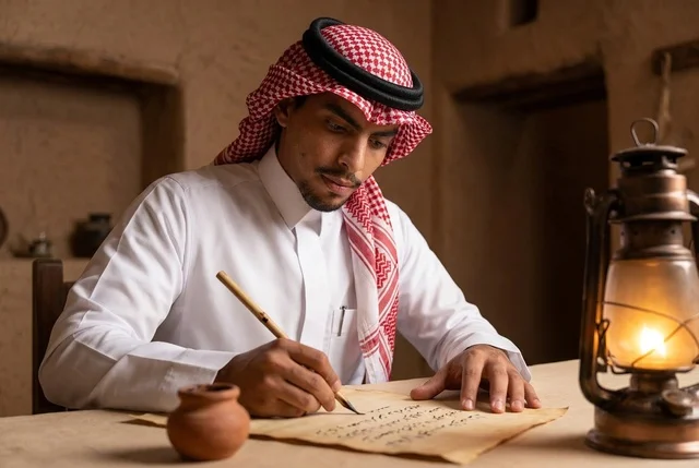 كاتب سعودي يكتب الخط العربي بجانب فانوس كيروسين قديم