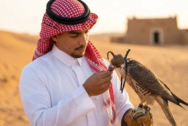 صاحب صقور سعودي يطعم صقره في الصحراء التراثية