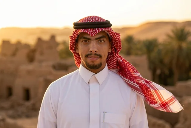 رجل سعودي بالزي التقليدي والشماغ وقت الغروب بالصحراء