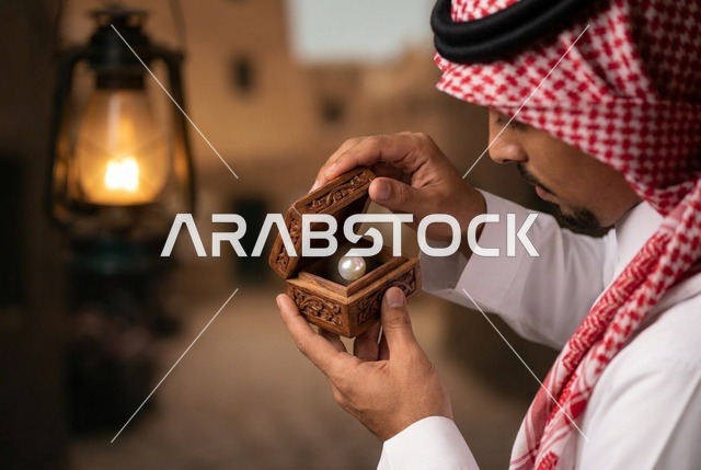 رجل سعودي ينظر إلى لؤلؤة داخل صندوق خشبي تراثي