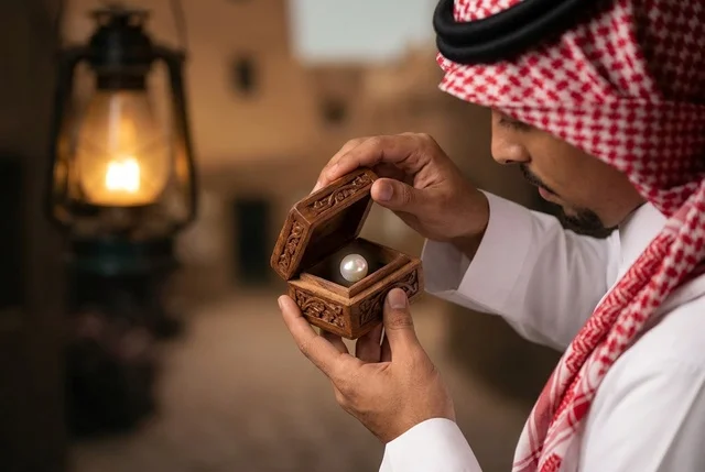 Saudi Man Looking at Pearl in Wooden Box Heritage