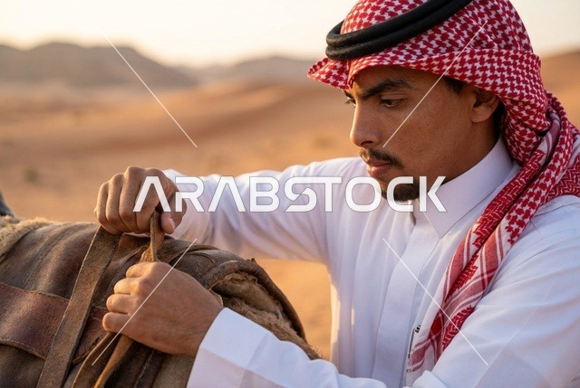 رجل سعودي يجهز سرج الجمل في الصحراء وقت الغروب