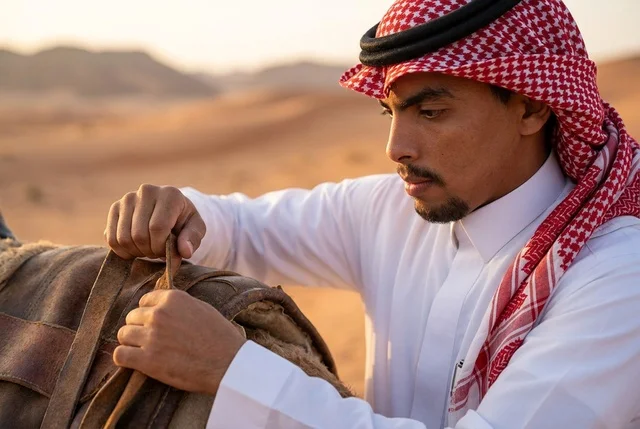 رجل سعودي يجهز سرج الجمل في الصحراء وقت الغروب