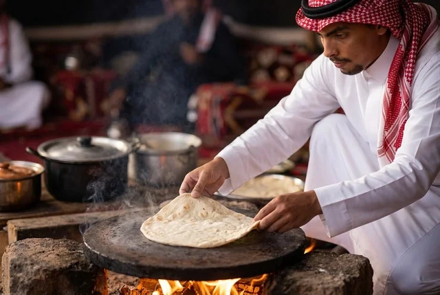 رجل سعودي يخبز خبز الصاج التقليدي على النار