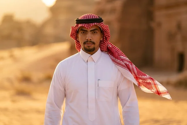 رجل سعودي بالزي التقليدي والشماغ وقت الغروب بالصحراء