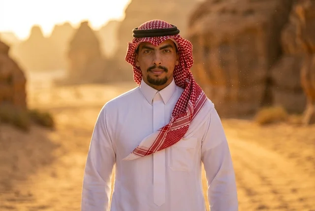 رجل سعودي بالزي التقليدي والشماغ وقت الغروب بالصحراء