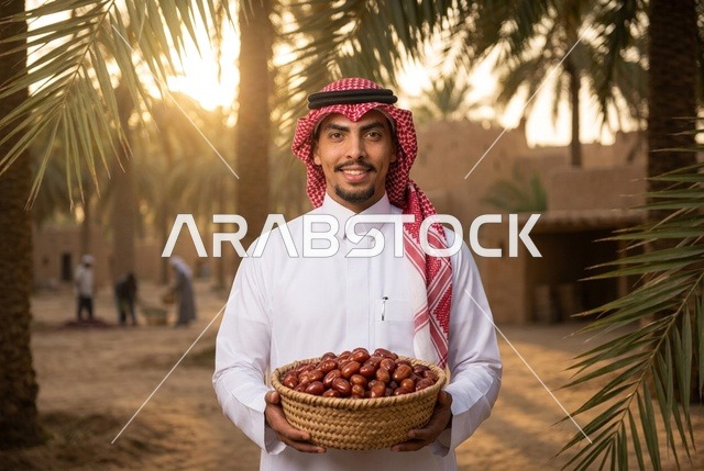 رجل سعودي يحمل سلة تمور في مزرعة نخيل