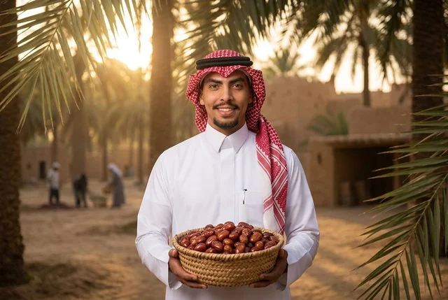 رجل سعودي يحمل سلة تمور في مزرعة نخيل