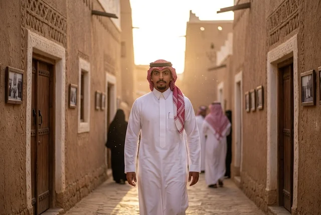 رجل سعودي بالزي التقليدي في قرية تراثية وقت الغروب