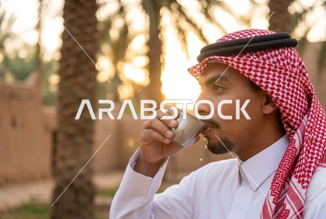 رجل سعودي يشرب القهوة العربية التقليدية بين النخيل