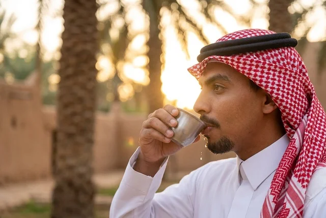 Saudi Man Drinking Traditional Arabic Coffee in Palm Grove