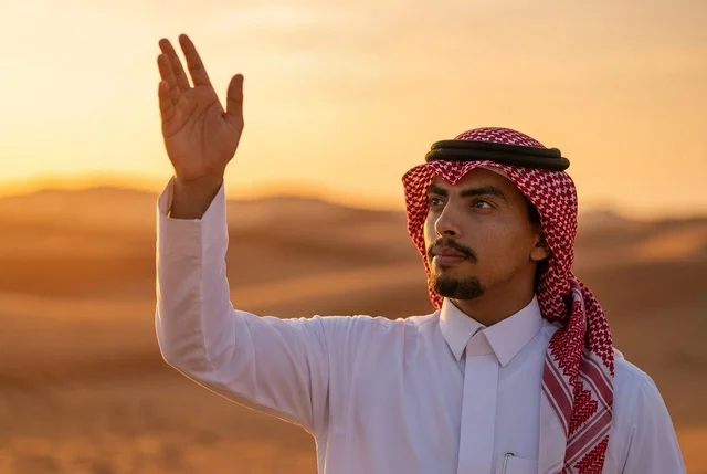 رجل سعودي بالزي التقليدي والشماغ وقت الغروب بالصحراء