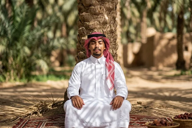 رجل سعودي يتأمل تحت نخلة في واحة تراثية