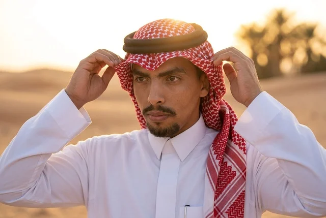 رجل سعودي بالزي التقليدي يعدل الشماغ في غروب الصحراء