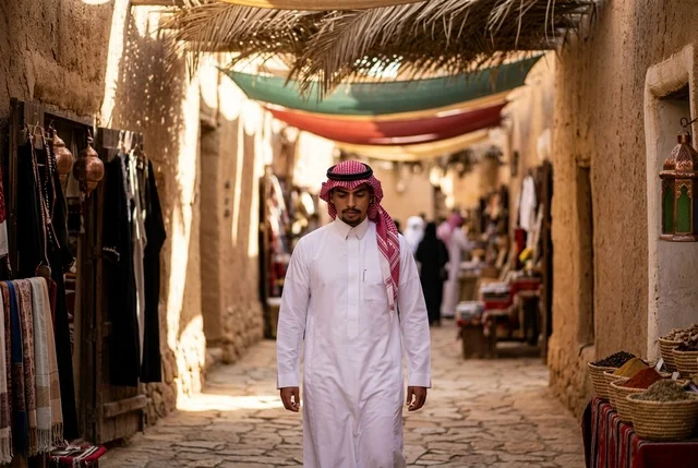 رجل سعودي يسير في زقاق سوق تراثي قديم