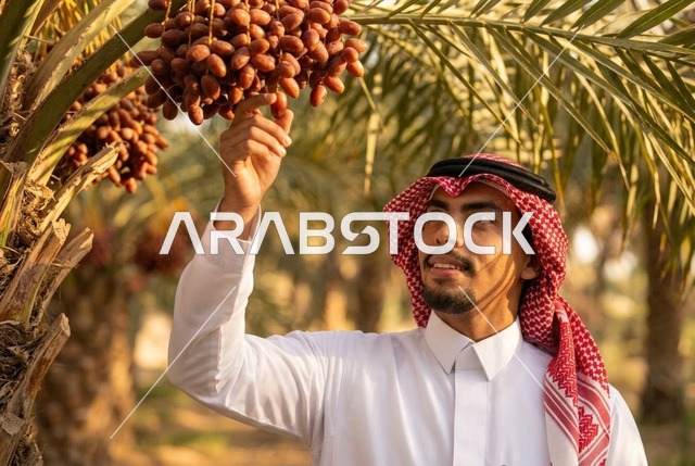مزارع سعودي يتفحص محصول التمر في بستان النخيل
