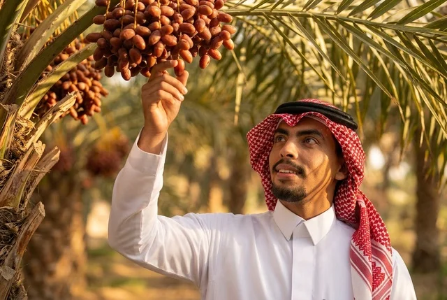 Saudi Man Harvesting Fresh Dates in Palm Tree Farm