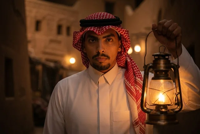 Saudi Man in Traditional Attire Holding Lantern at Night