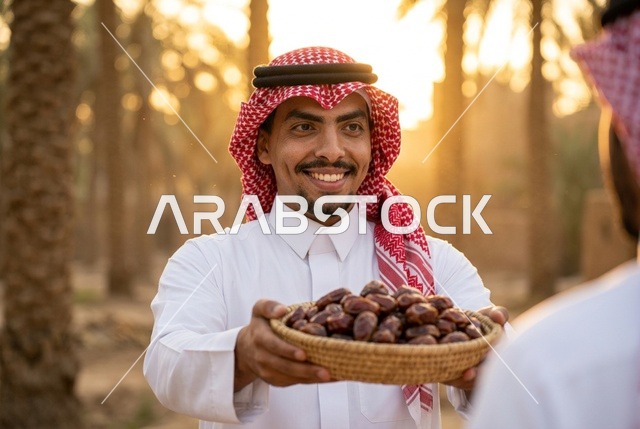 رجل سعودي يرتدي الزي التقليدي ويحمل سلة تمور وقت الغروب