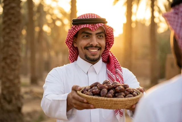 رجل سعودي يرتدي الزي التقليدي ويحمل سلة تمور وقت الغروب