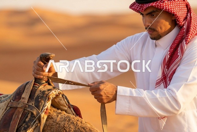 رجل سعودي بالزي التقليدي يجهز سرج الجمل في الصحراء الدافئة