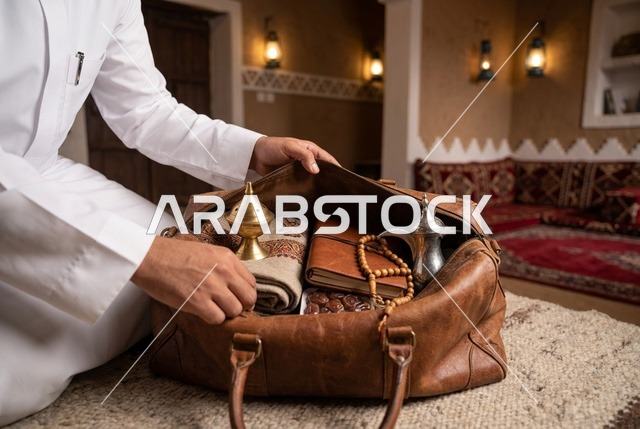 رجل سعودي يوضب قطع تراثية داخل حقيبة سفر جلدية