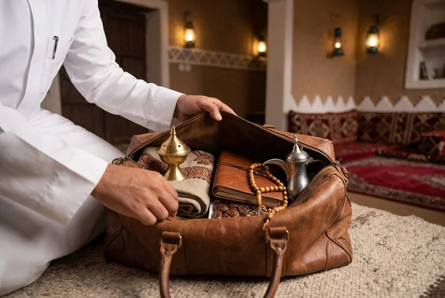 رجل سعودي يوضب قطع تراثية داخل حقيبة سفر جلدية