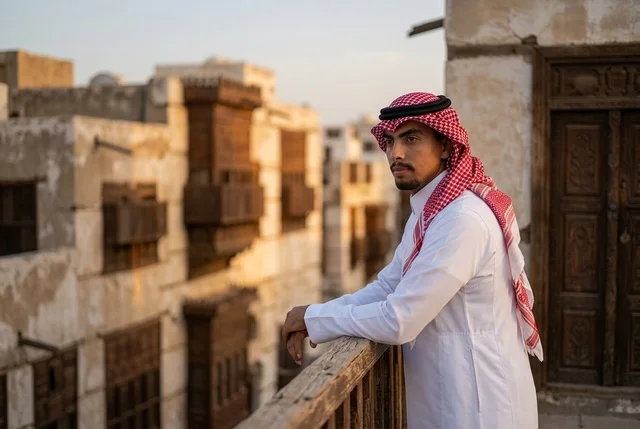 رجل سعودي على شرفة في منطقة البلد التاريخية بجدة