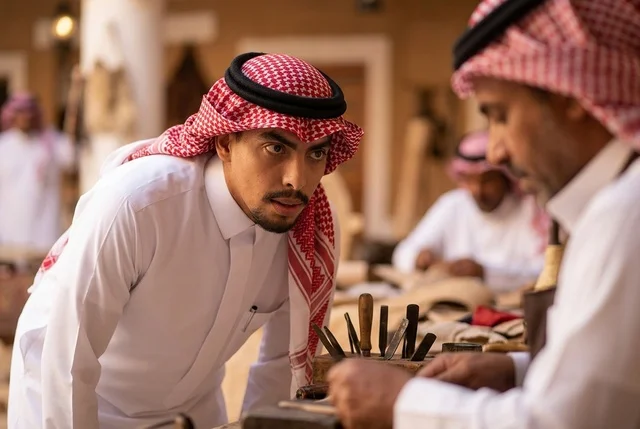 رجل سعودي يرتدي الشماغ يراقب حرفي تقليدي في ورشة عمل تراثية