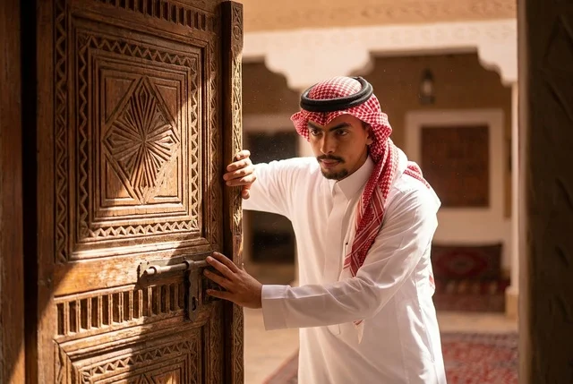 رجل سعودي بالزي التقليدي عند باب خشبي تراثي