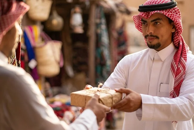 Saudi Man Giving Wrapped Gift at Heritage Market