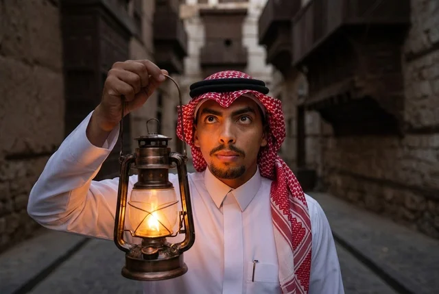 رجل سعودي يحمل فانوساً تقليدياً في جدة التاريخية