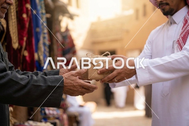 رجل سعودي يقدم هدية مغلفة في سوق تراثي بالرياض