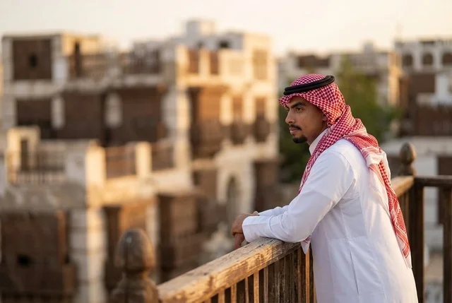 Saudi Man in Traditional Dress in Historic Jeddah Al-Balad