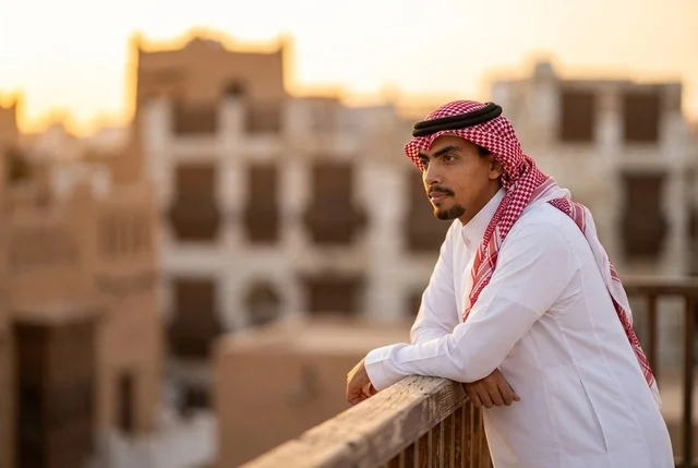 رجل سعودي على شرفة في بلدة تاريخية وقت الغروب